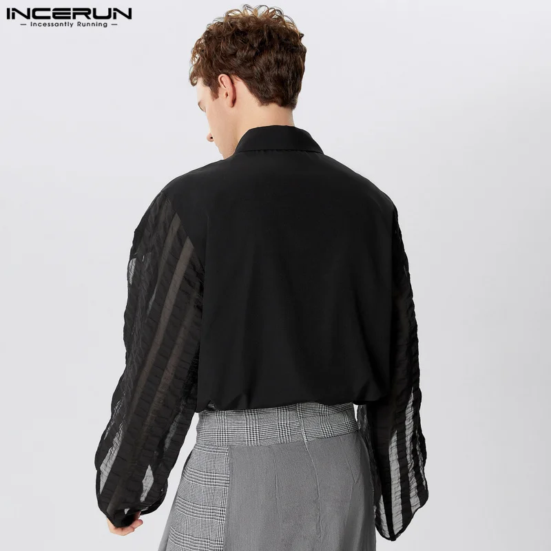 INCERUN Men Shirt Striped Patchwork Lapel Split Long Sleeve Casual Men Clothing Transparent Loose Streetwear 2024 Fashion Camisa