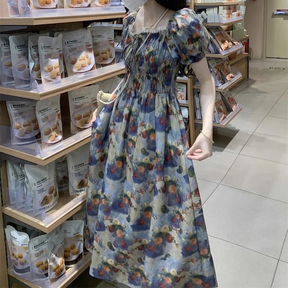 French pastoral oil painting girl floral long dress women's summer temperament short-sleeved skirt high-end first love dress