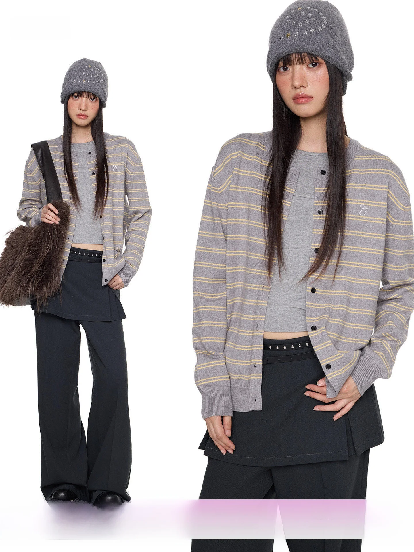 

EZEK Casual Stripe Embroidered round Ne Knitted Cardigan Women's Loose Fit Versatile Outerwear Top for Autumn Season