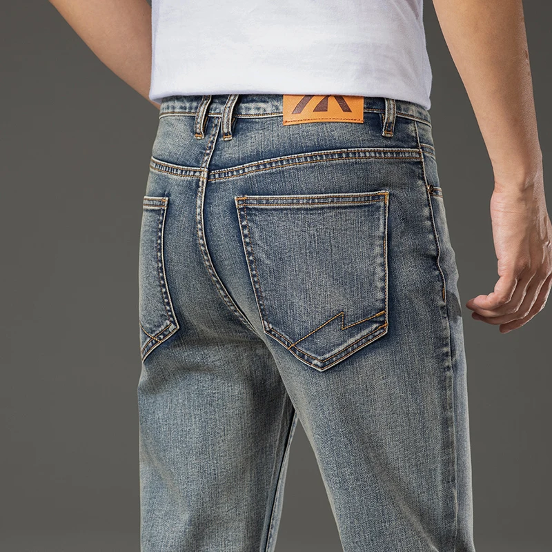 Autumn Men's Jeans Fashion Regular Straight Cotton Elastic Washed Denim Pants Retro Style Business Casual Brand Trousers 28-40
