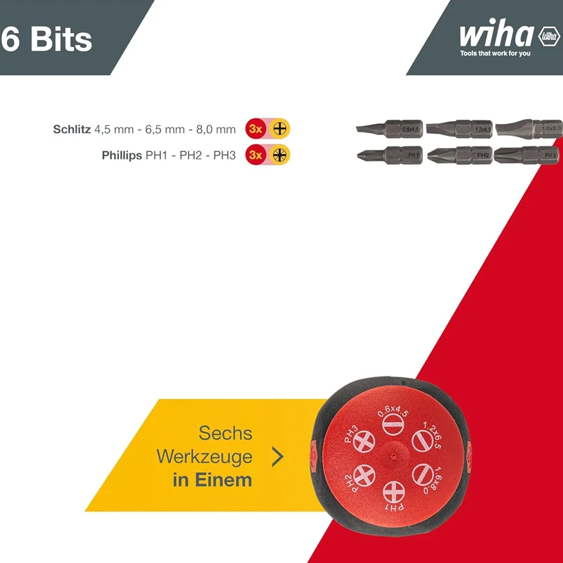 Wiha 33738 Screwdriver with Bit Magazine Magnetic 6 Phillips Slotted Blade Heads 1/4 \