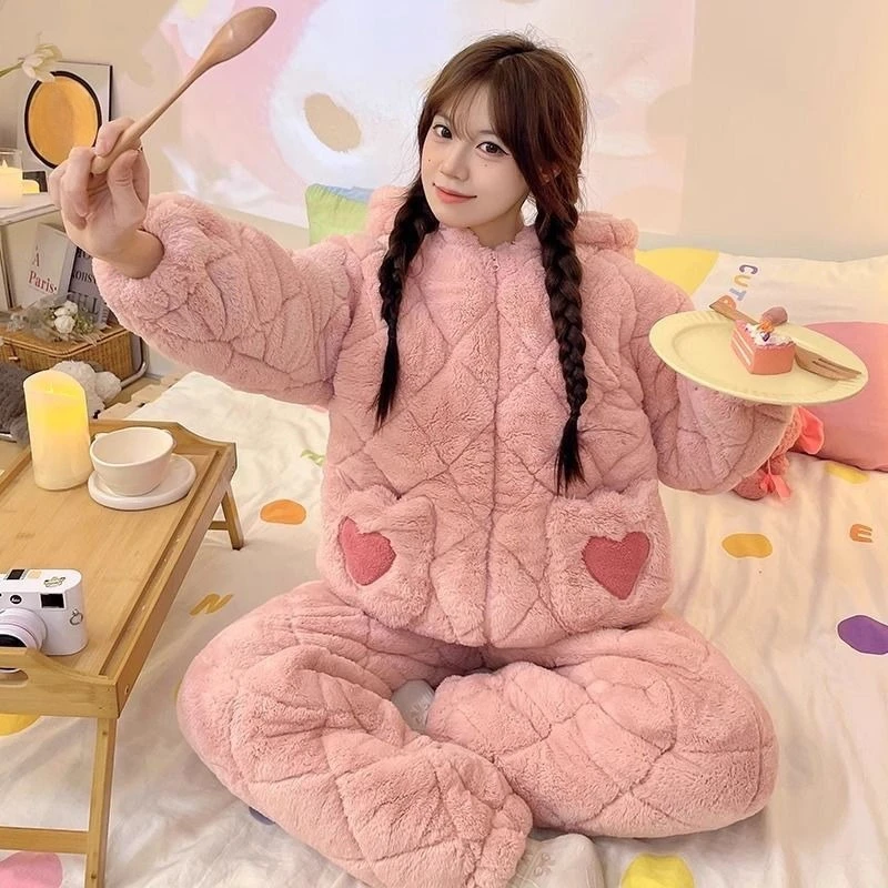 

Женские пижамы из кораллового флиса, осень-зима, новинка 202, трехслойная утепленная теплая фланелевая домашняя одежда большого размера с хлопковой подкладкой