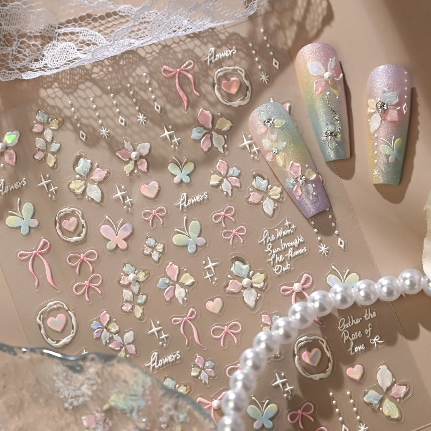 

5D Pink Bow Butterfly Nail Stickers Pearl Chain Star Tassel Heart Frame Y2K Lolita Embossed Self Adhesive Manicure Decals DIY