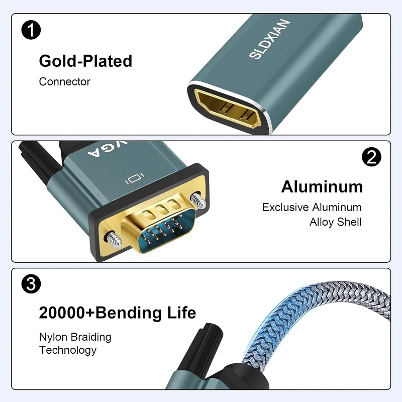 VGA to HDMI adapter cable, HDMI female to VGA male extender supports 720P/1080P, desktop computer monitor, projector（2pcs）