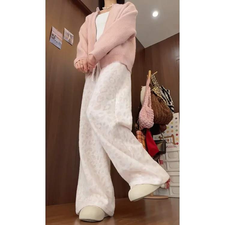 Pantalones informales de punto con estampado de leopardo rosa para mujer, cintura alta, holgados, pierna recta, Otoño Invierno, Faion Sweet Sle