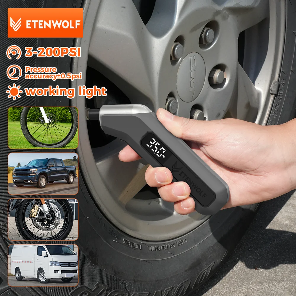 Manómetro ETENWOLF T300 de 200 PSI con pantalla LED brillante, manómetro digital para neumáticos de coches, motocicletas, bicicletas y balones (sin batería)