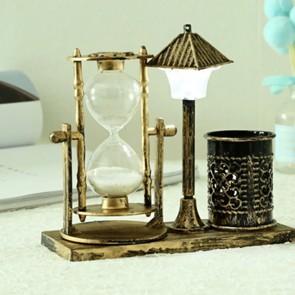 

Sand Clock Night Lamp Pen Holder Creative Desktop Ornament Iron Plastic for Home Bedroom Office Decoration