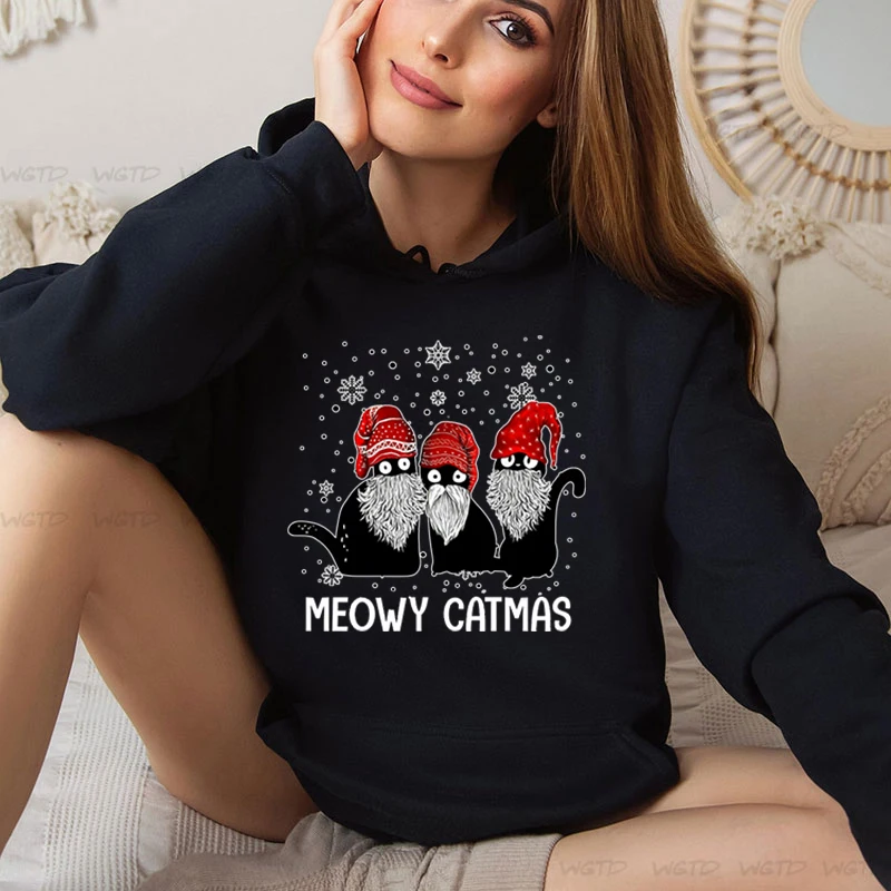 Santa Cat Kawaii Cartoon Sweatshirt Hoodie Women Meowy Cat Merry Christmas Gift Girls Funny Animals Design Autumn Winter Hoodies