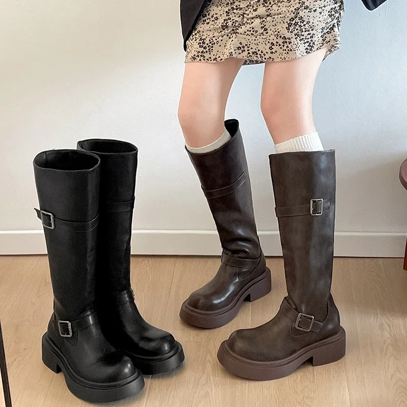 Vintage Platform Women Knee High Boots Fashion Slip On Knight Long Booties Square Heels Shoes Largas De Mujer