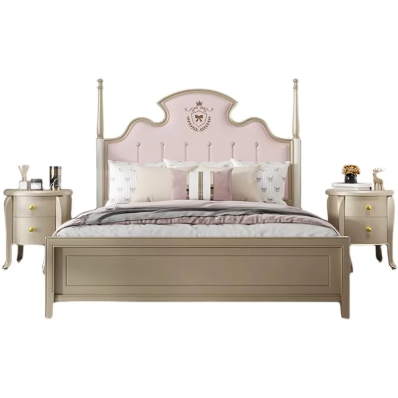 

Американская розовая кровать принцессы с обивкой, французская светлая роскошная большая кожаная двуспальная кровать из цельного дерева