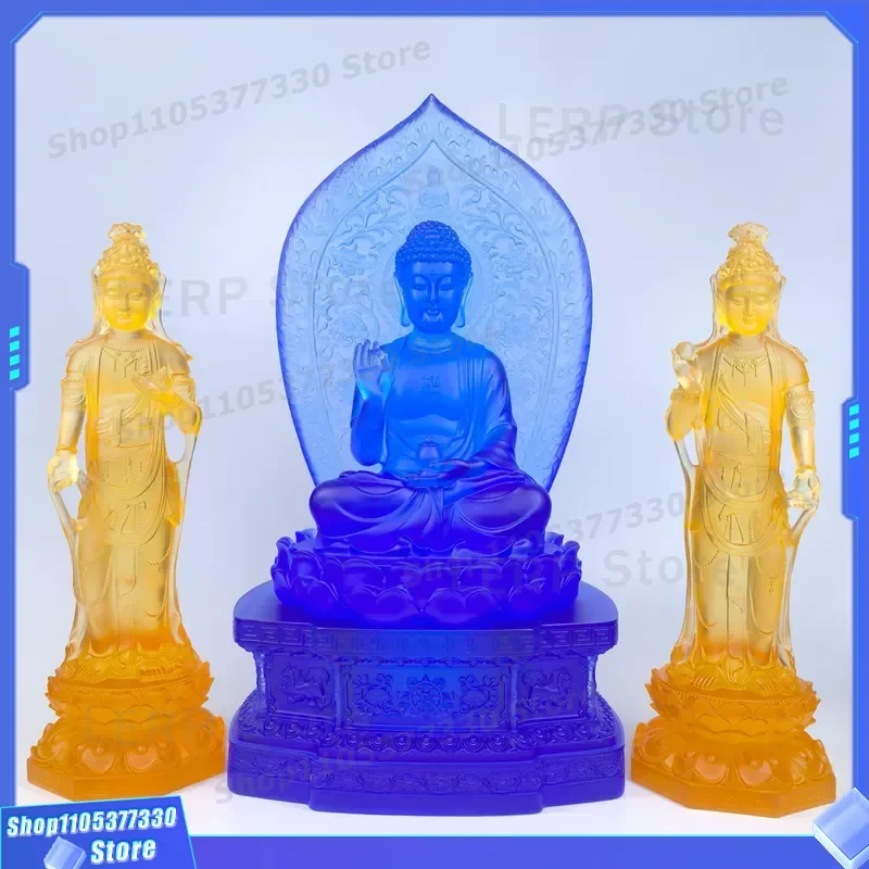Oriental Three Saints Glazed Buddha Statue Pharmacist Sunlight Moonlight Bodhisattva for Temple Worship Altar Home Decor