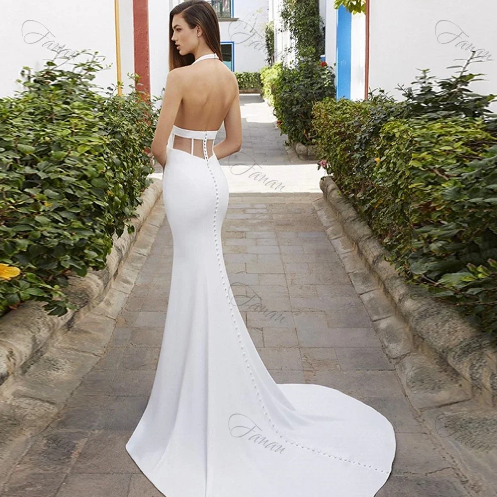 Robe De mariée sirène blanche sans manches, Sexy, col licou, Simple, boutons, dos nu, traîne, 2022