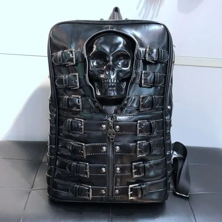 2022 New Men Skeleton Backpacks Vintage High Quality Leather Male Student Backpack Boy Punk Laptop School Computer Bag 14 Inch