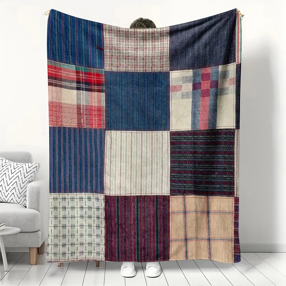 

Винтажный фланелевый плед в стиле пэчворк цвета индиго, ретро-клетка и полоски, мягкий и уютный, для декора в деревенском стиле, теплый плед для дивана, подарок