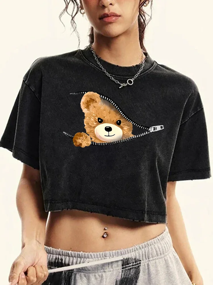 Teddy Bear With Probeprint Female Washed Short Tshirt Breathable Summer T Shirt Casual Fashion Distress Midriff-Baring Top Women