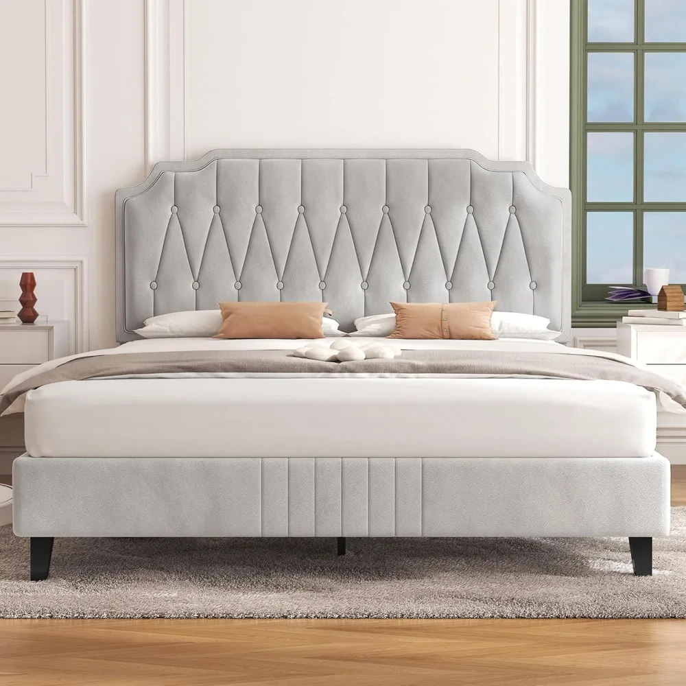 Yaheetech Queen Bed Frame Velvet Upholstered Platform Beds with Curved Headboard, Height-Adjustable Headboard Beige Queen Bed