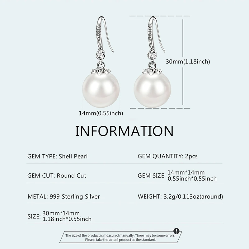 OZAN 925 Sterling Silber Ohrhänger mit runden Muschelperlen 10mm 12mm 14mm Trendiger klassischer Damenschmuck Jubiläumsgeschenk – Detail 5
