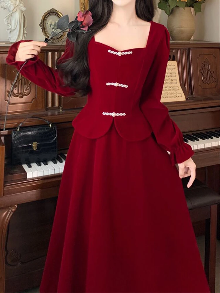 Red Patchwork Elegant Luxury Wedding Dress for Ladies Autumn Winter LongSleeve Bodycon Prom Dress2023 Korean Vintage Vestidos