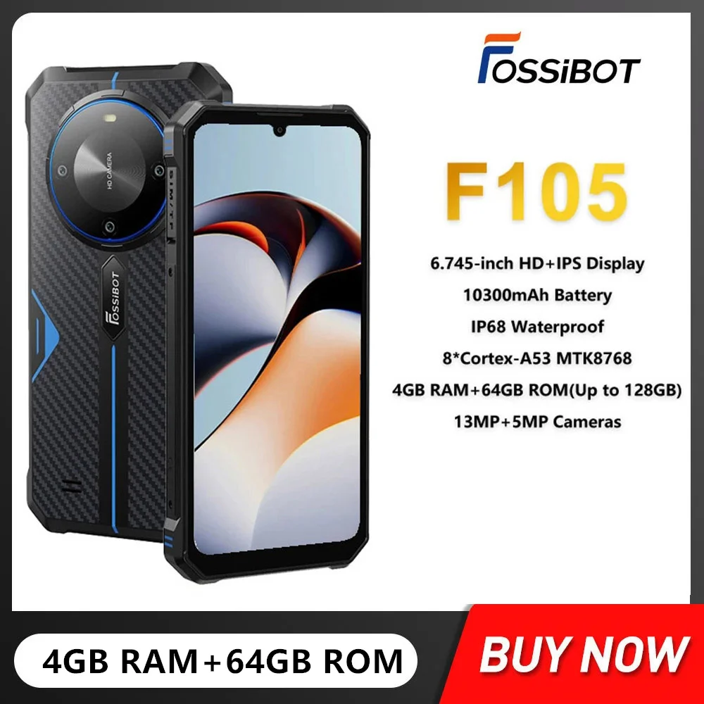 

FOSSiBOT F105 Rugged 4G Smartphone 6.745Inch HD+ Display Octa Core 4GB RAM 64GB ROM Android 14 Mobile Phone 10300mAh 20MP Camera