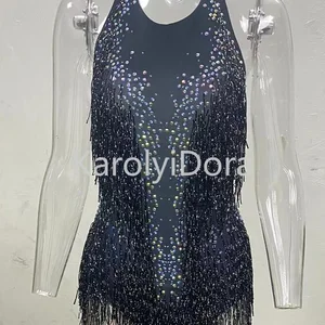 2021 نسائي متلألئ حجر الراين مهدب ملابس ملهى ليلي زي لامع زي الرقص قطعة واحدة ثياب المرحلة 2021 أفضل 6 مبيعا لملابس مغنية الحفلات الموسيقية - رقم 1