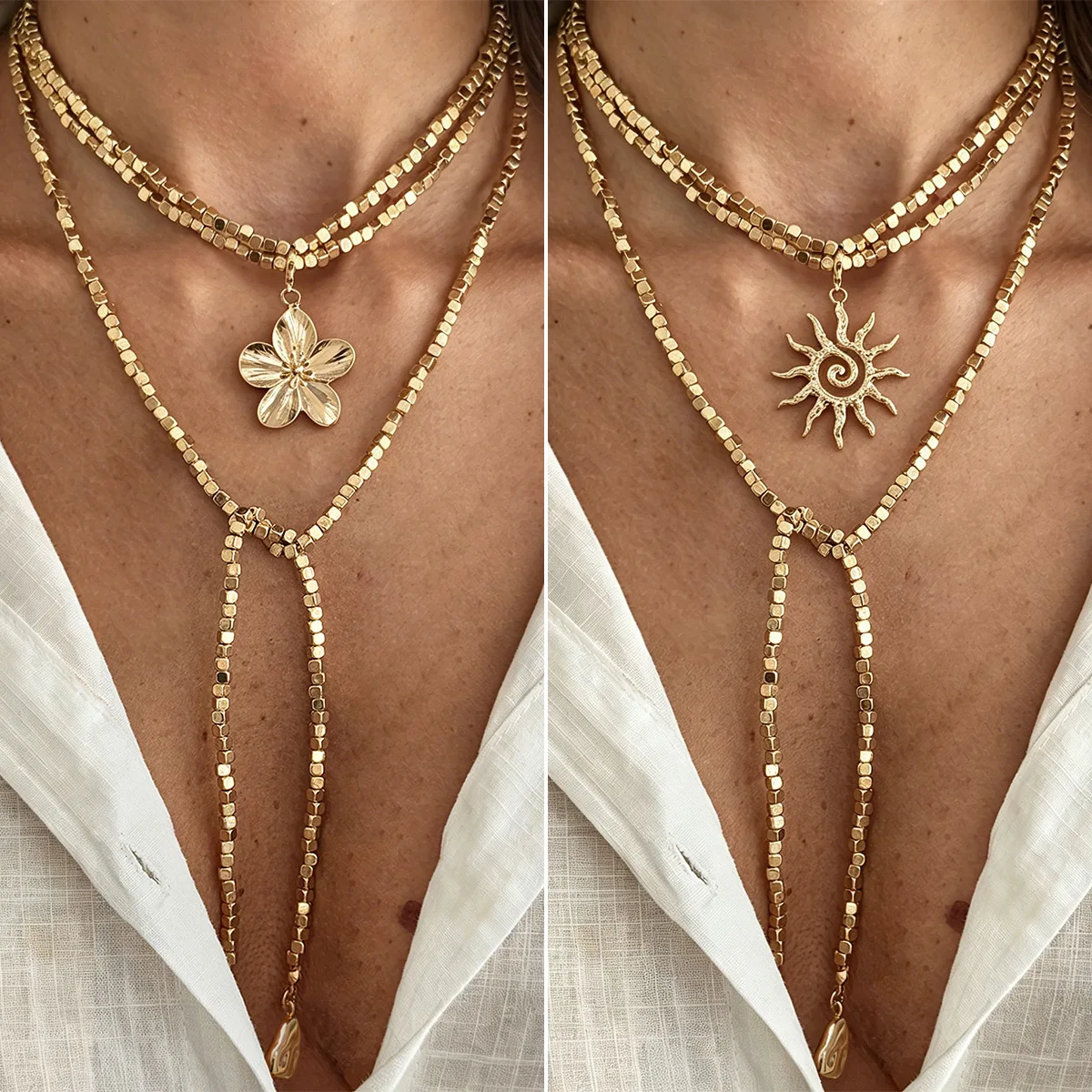 Necklace Stainless Steel Long Wrapped Beaded Square Beads Sun Flower Pendant Y Shape Chain Durable Hypoallergenic Everyday Wear
