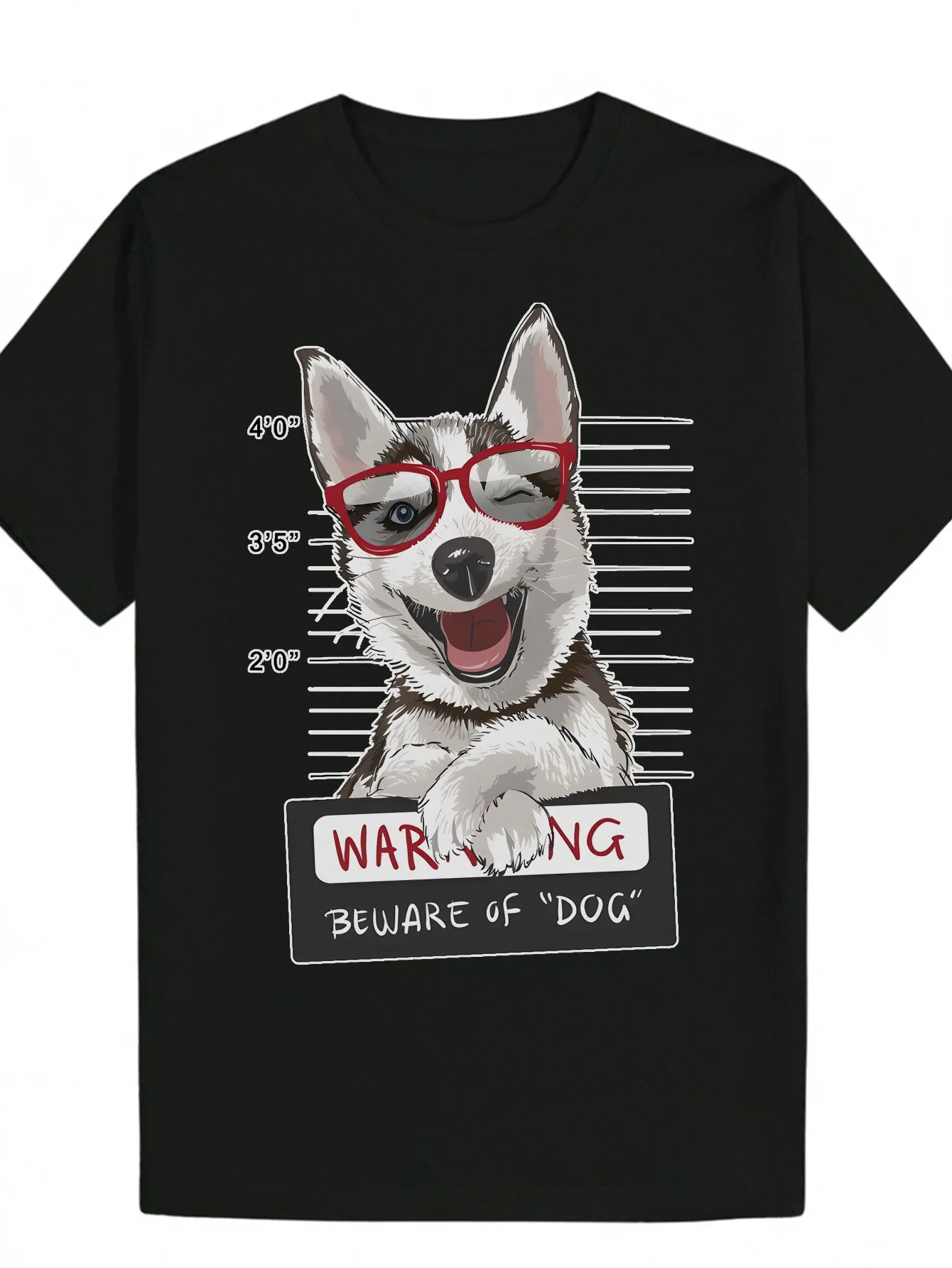 

Husky with Red Glasses Print T-Shirt, Men's Round Neck Casual