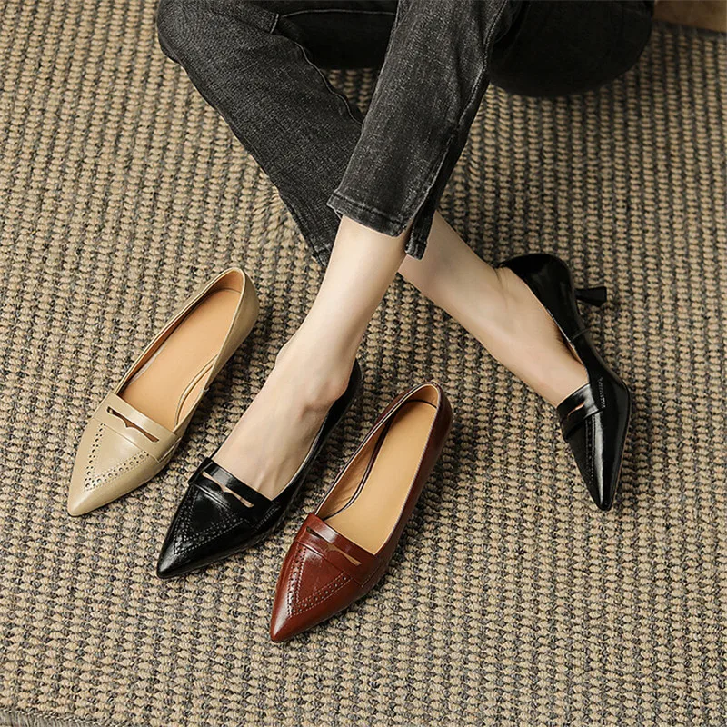 2024 Spring Summer Women Shoes Cowhide Pointed Toe High Heels Women Pumps Brogue Designs Shallow Loafers for Women Ladies Shoes