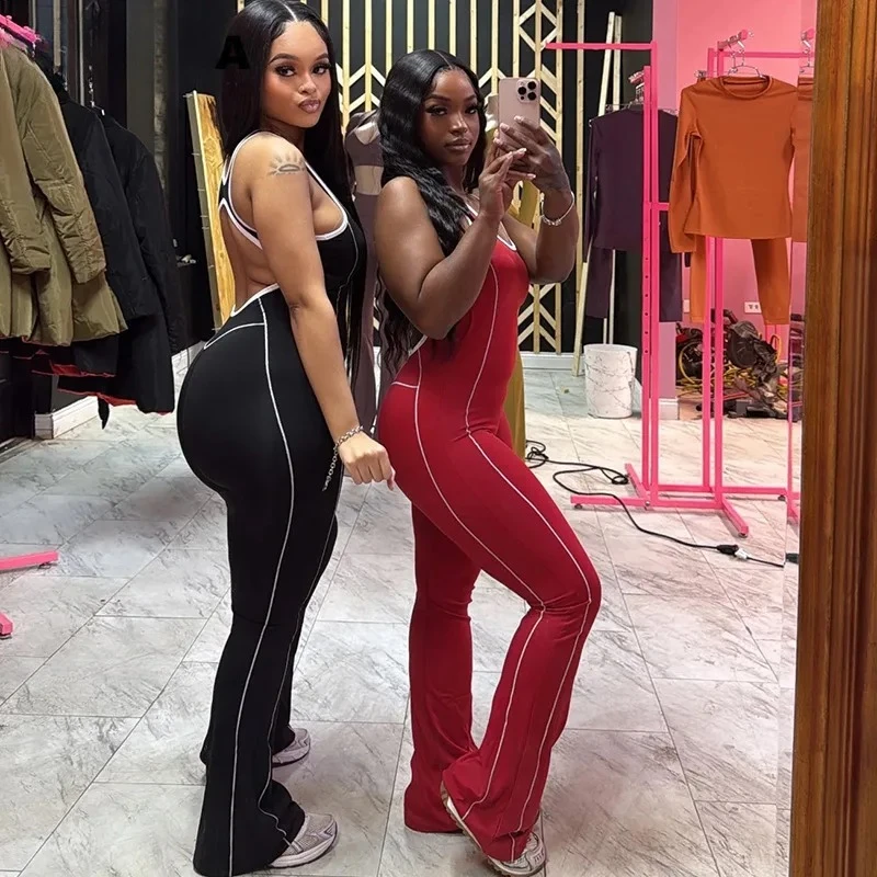 BWQ ファッション女性背中の開いたノースリーブストライプスプライシングフィットネスヨガタンクジャンプスーツ 2025 夏服ワンピーススーツロンパース