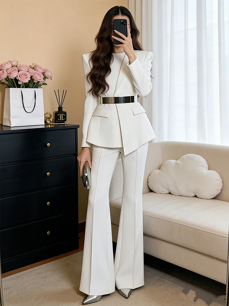 

Ele White Tailored Jaet And Slimming Flared Pants Set Women's Faion High Waist Polyester Fiber Long Sve round Ne