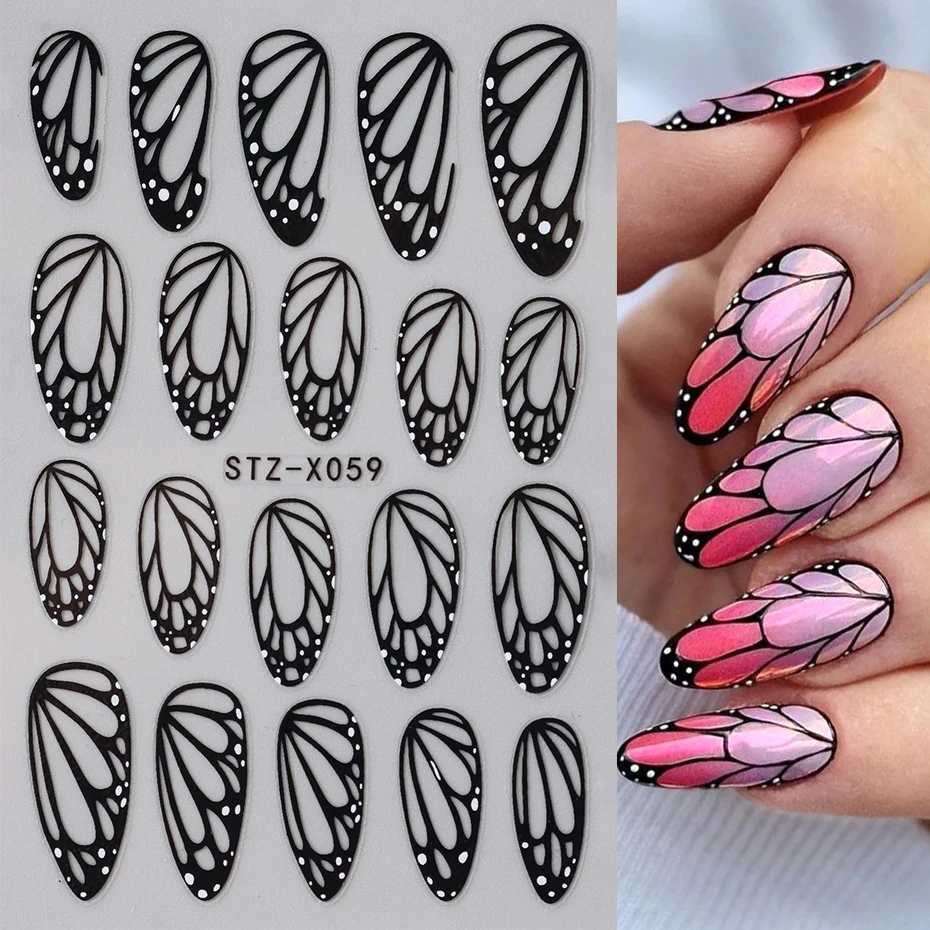 Atemberaubende schwarze Schmetterlingsflügel-Nagelaufkleber, Charm-Nageldesigns, selbstklebende Slider-Folien, Abziehbilder, Nagelkunst-Dekorationen, Maniküre