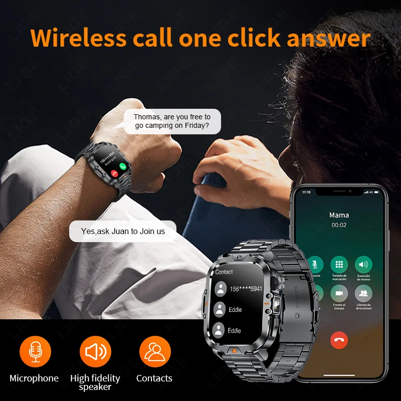 LIGE V17 LED Light Smart Watch Men Bluetooth Call Outdoor Sport Bracelet IP68 Waterproof CNC AI Voice Smartwatch For Android IOS