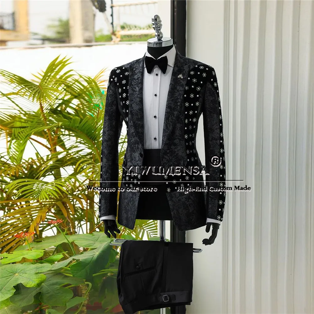 Luxury Groom Wedding Suits Black Jacquard Velvet Design Jacket Waistband Pants 3 Piece Formal Men\'s Business Banquet Prom Blazer