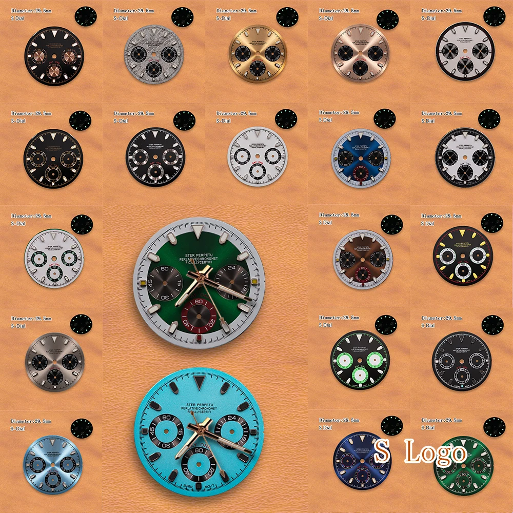 S Dial 29.5mm Blue panda dial VK63 Dial golden inner circle No Hands Movement Green Luminous Watch Modification Accessories