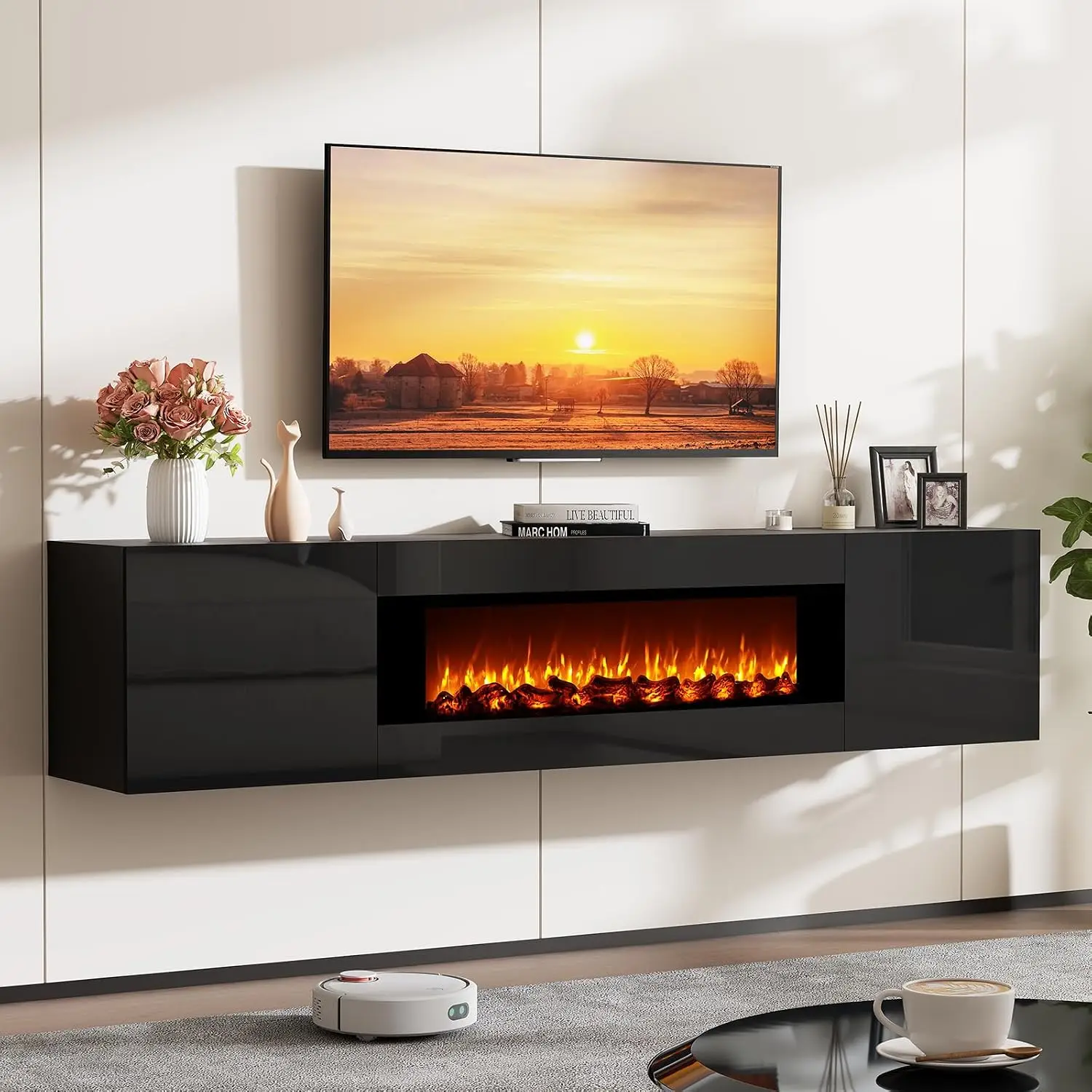 70'' Wall Mounted TV Stand with Fireplace & Storage for 80