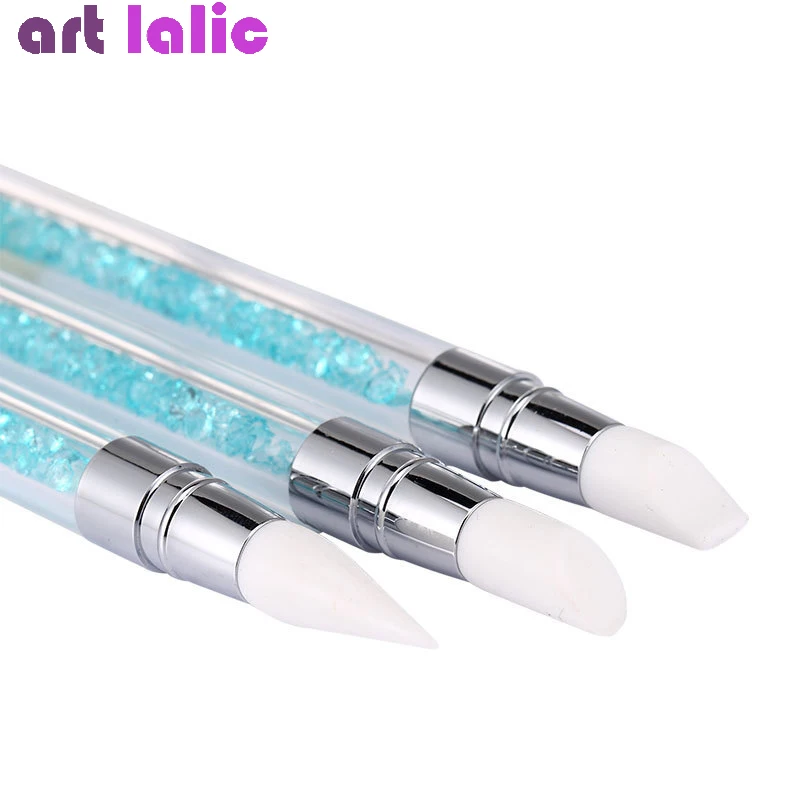 3Pcs 2-Way Silicone Head Sculpture Pen Blue Rhinestones Acrylic Handle Manicure Tool for Nail Art Emboss Carving Craft Polish