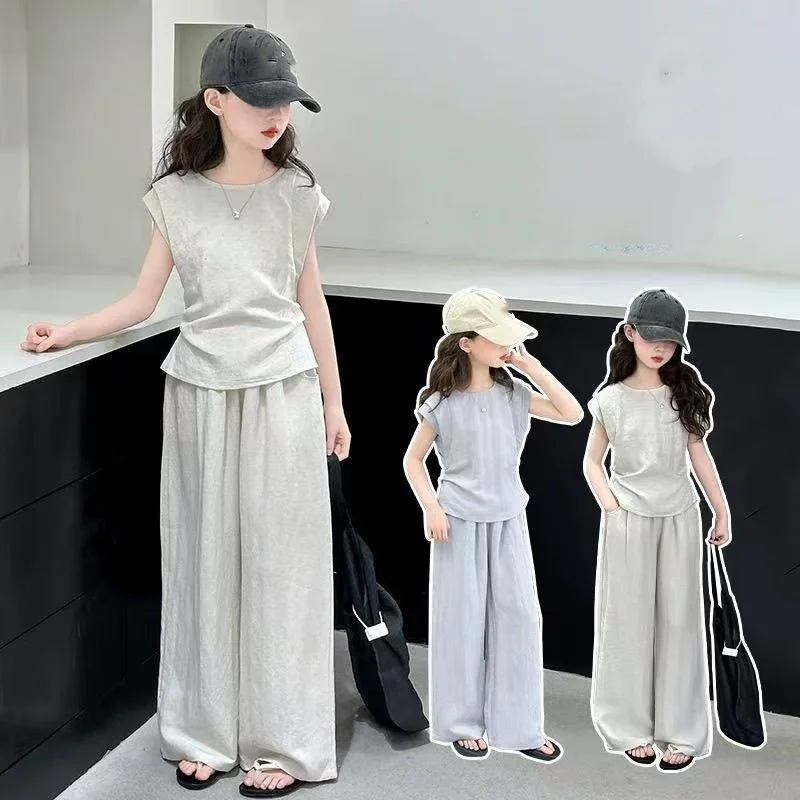 New Summer Girls Cloth Children Set Teenager Narrow Waist Short Sleeve Top T shirt + Wide Leg Long Pants 4 8 10 12 Year Apricot