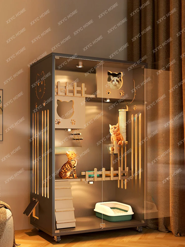 

Cat Villa Household Waterproof Solid Wood Indoor Non-Covering Large Panoramic Cat House Automatic Cat Litter Box Cat NestCatCage