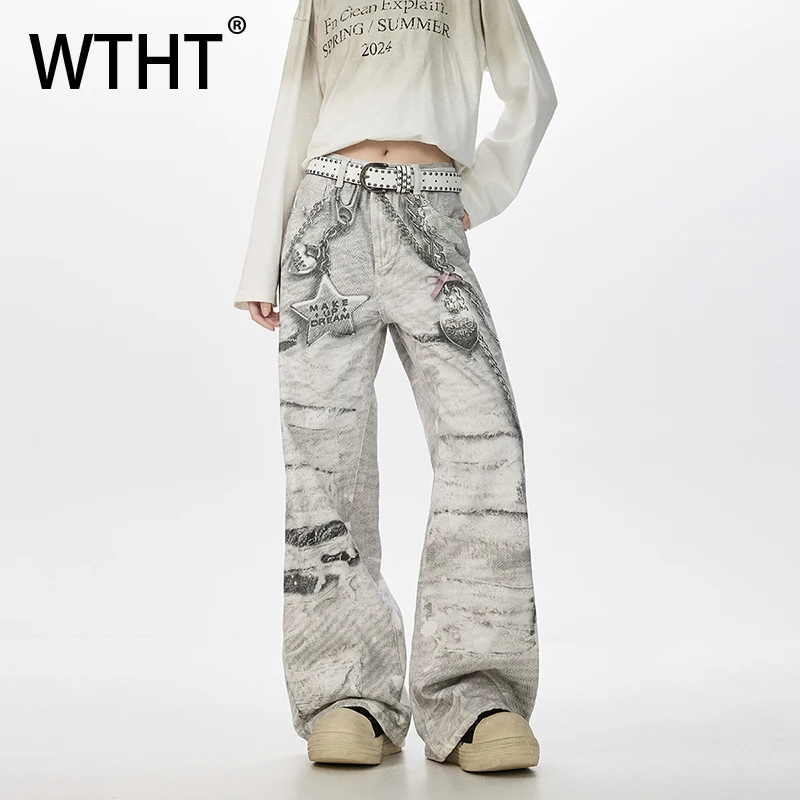 

WTHT винтажные мужские свободные джинсовые брюки с тяжелым индивидуальным принтом, модные широкие джинсы с высокой талией, мужские джинсы, осень 2021, 2A1516