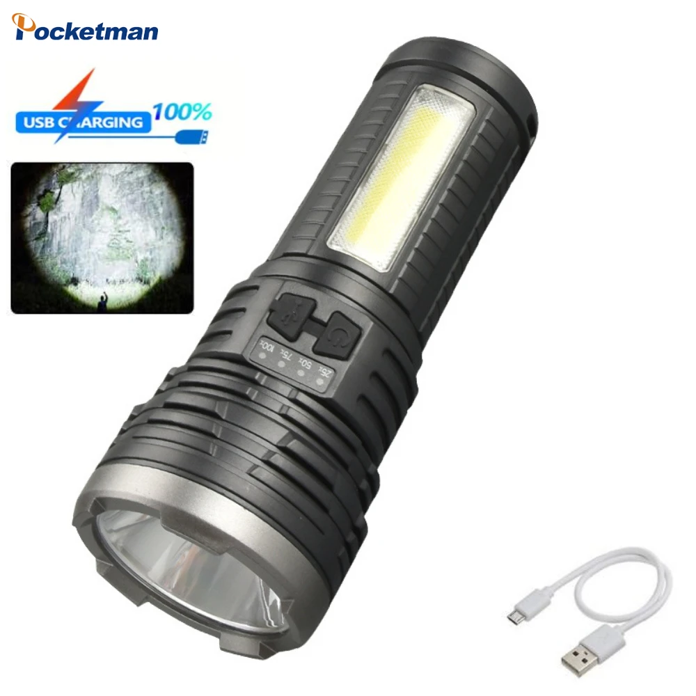 

LED Super Bright Flashlight COB Handlamp USB Rechargeable Torch Outdoor Camping Floodlight with Side Light Power Display Lantern