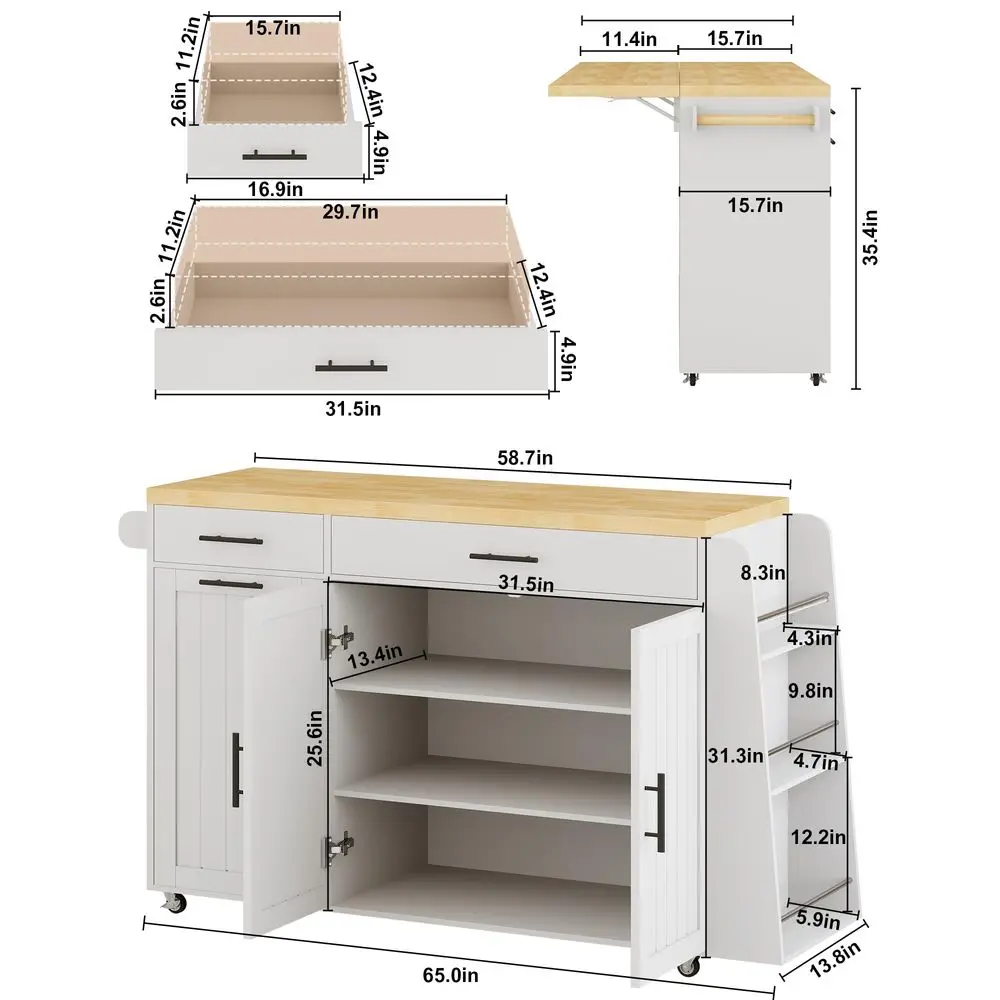65 Kitchen Island with Drop Leaf, Rolling Island with Spice Rack amp Towel Rack, Mobile Kitchen Island Cart with 2 Draws amp Tr