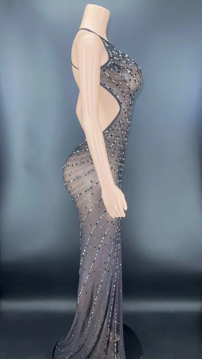 Vestido largo transparente de malla con diamantes de imitación para mujer, traje Sexy con espalda descubierta para fiesta de cumpleaños y celebraciones