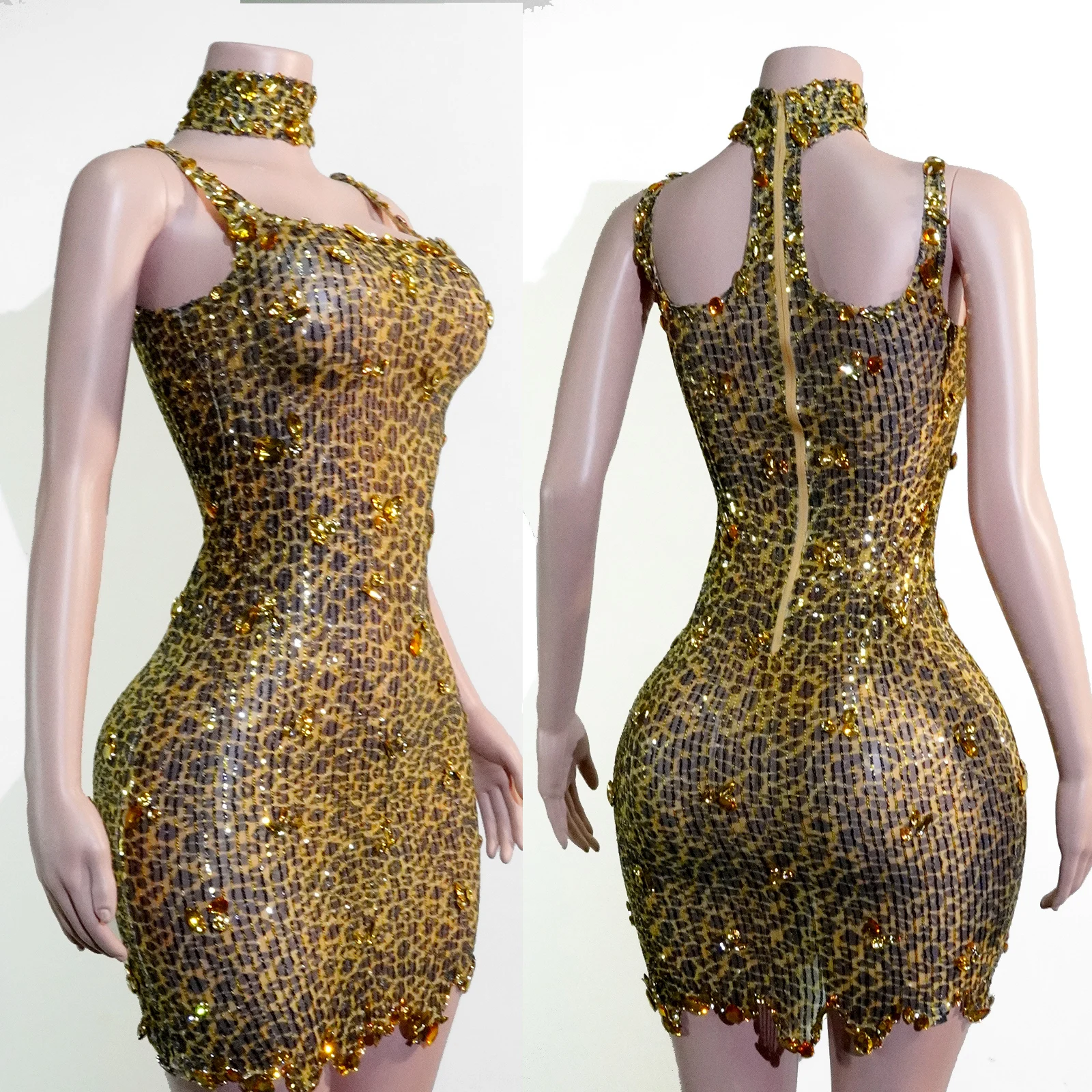 

Leopard Mesh Gold Rhinestone Choker Slim Mini Dress Drag Queens Costume Stage Costumes Rhinestone Bodysuit Show Outfits