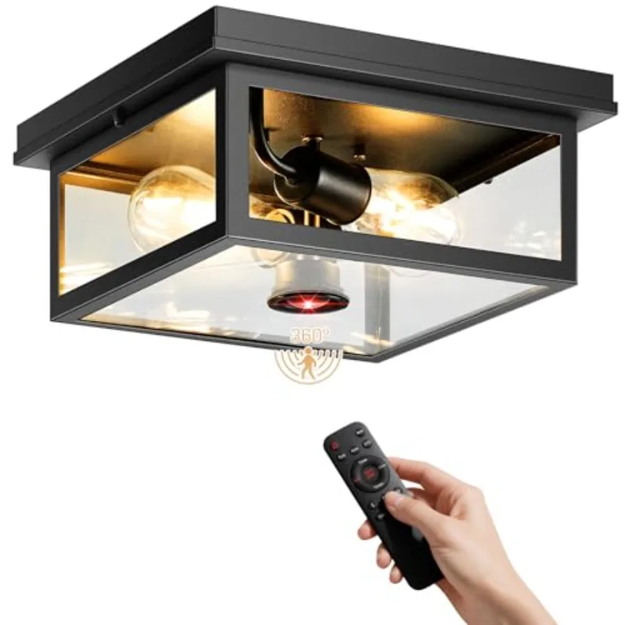 

Motion Sensor Outdoor Ceiling Light with Remote Control, Adjustable Distance Time Flush Mount Porch Ceiling Light for Garage, P