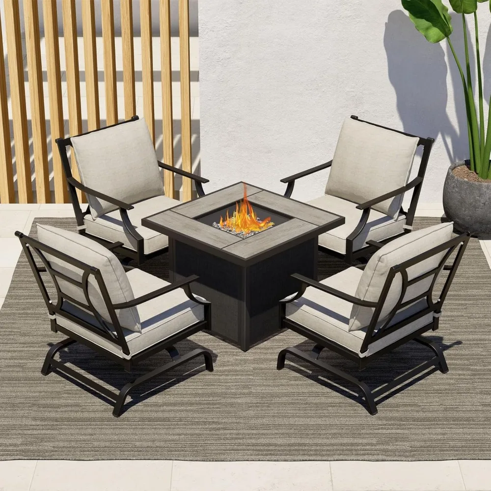 

5 Piece Outdoor Furniture Conversation Set with 32" 40000 BTU Hot Propane Gas Fire Pit Table and Grey Cushion Rocking Chair