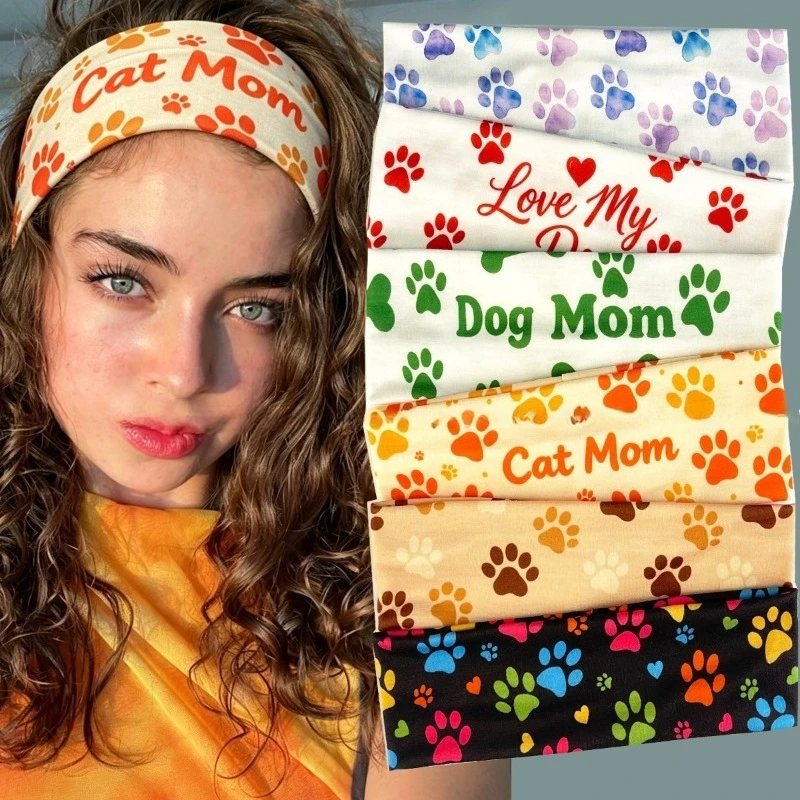 Cat Dog Mom Paw Print Wide Headband for Women Elastic Soft Sweatband Pet Lover Letter Print Hair Sports Daily Hair Accessories