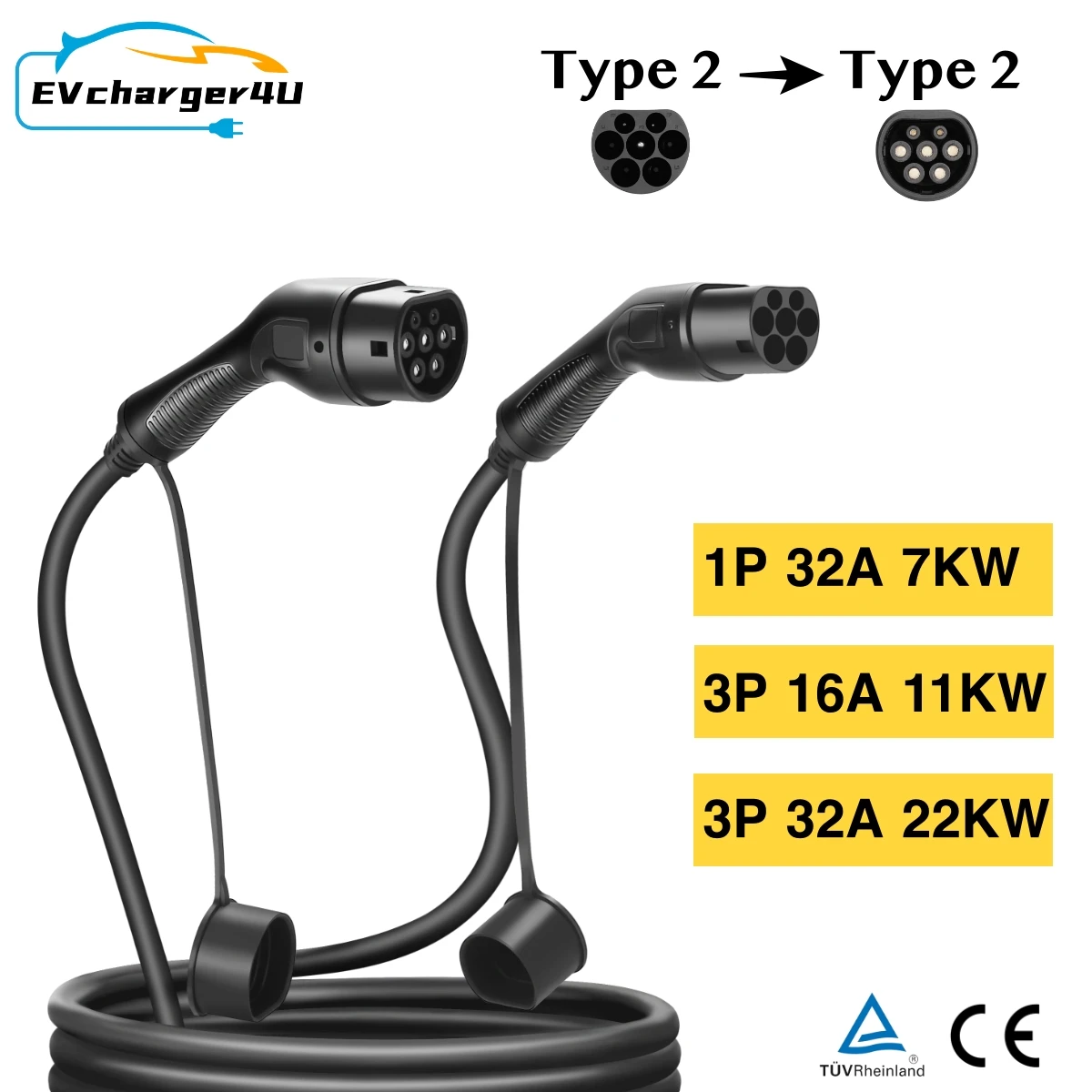 EVcharger4U IEC62196 16A/32A 7KW/11kW/22KW Type 2 to Type2 EV Charging Cable 3M/5M for Electric Vehicles PHEV In Public Station