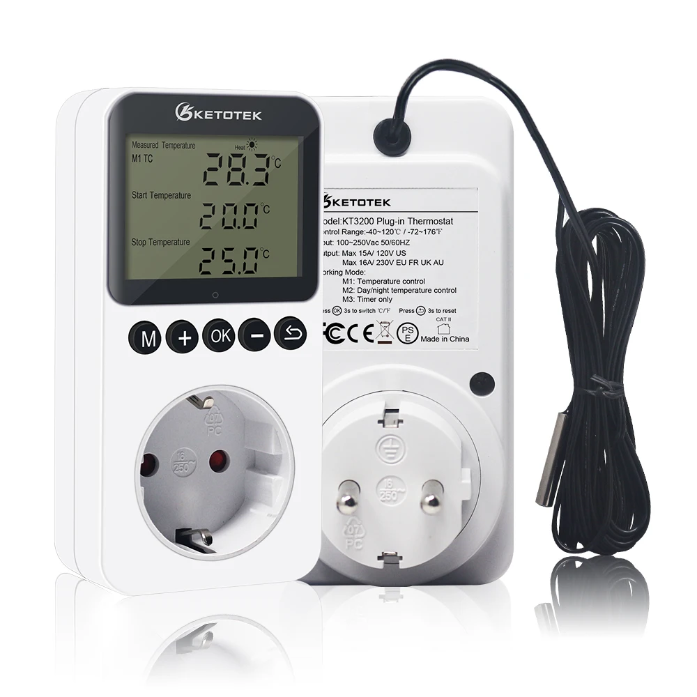 

KT3200 EU/US/AU/UK Incubator Socket Thermostat Digital Temperature Controller With Timer Switch Sensor Probe Heating Cooling