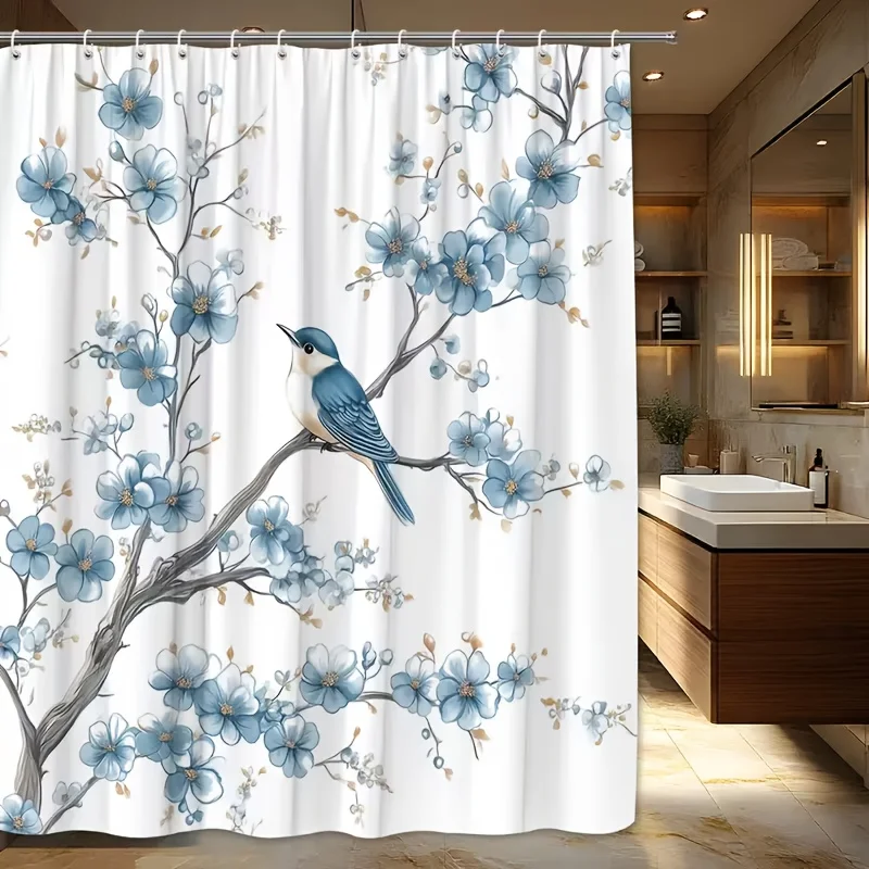 Blue floral shower curtain with bird design bathroom decor waterproof shower curtain liner house gift