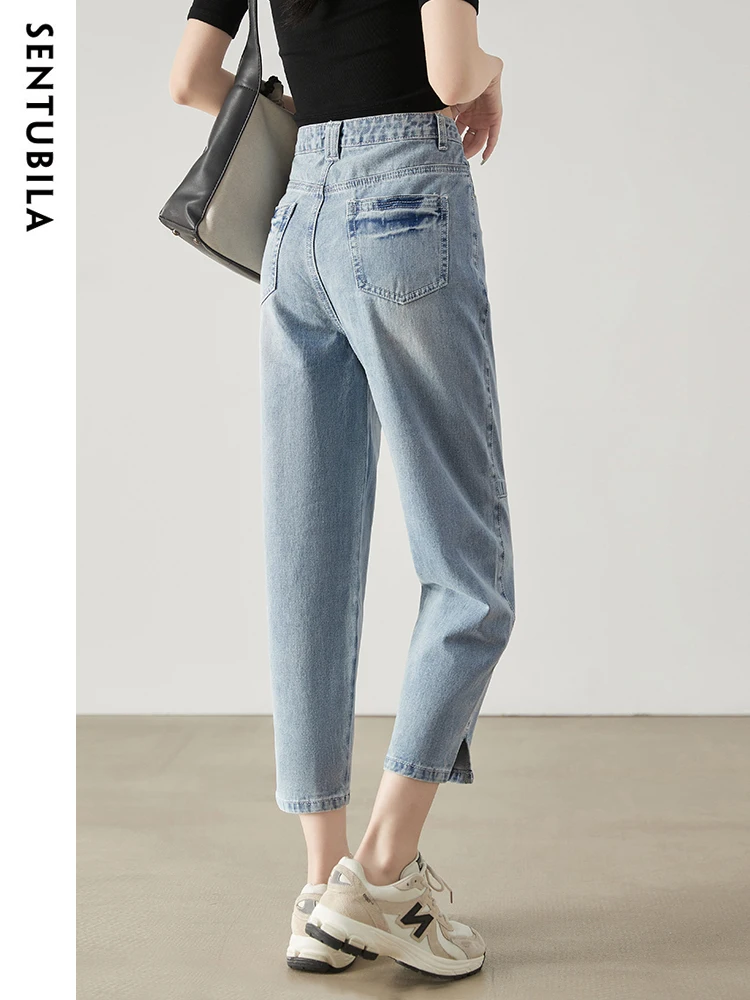 SENTUBILA New Ankle Length Harem Jeans for Women 2024 Summer High Waist Slit Hem Vintage Classic Washed Denim Loose Jean Pants