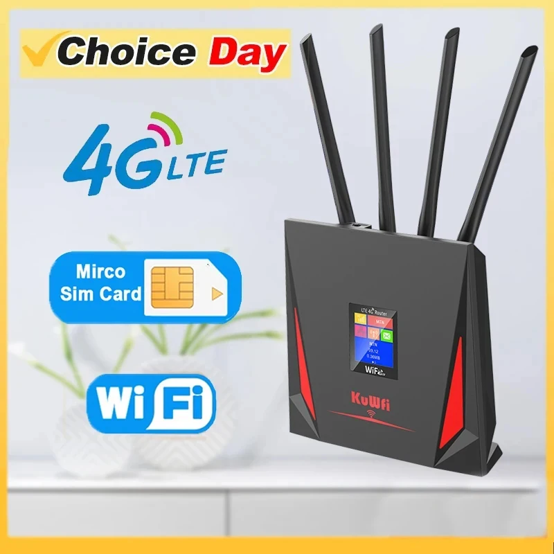 KuWFi 4G Sim Card Router 150Mbps Wireless Lte Modem Support USB Port Power Supply WAN/LAN Ethernet Port High Gain Antennas